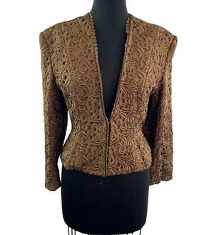 VTG Frank Fiore Brown Jacket Floral Embroidered Plunge Victorian Cocktail S/M
